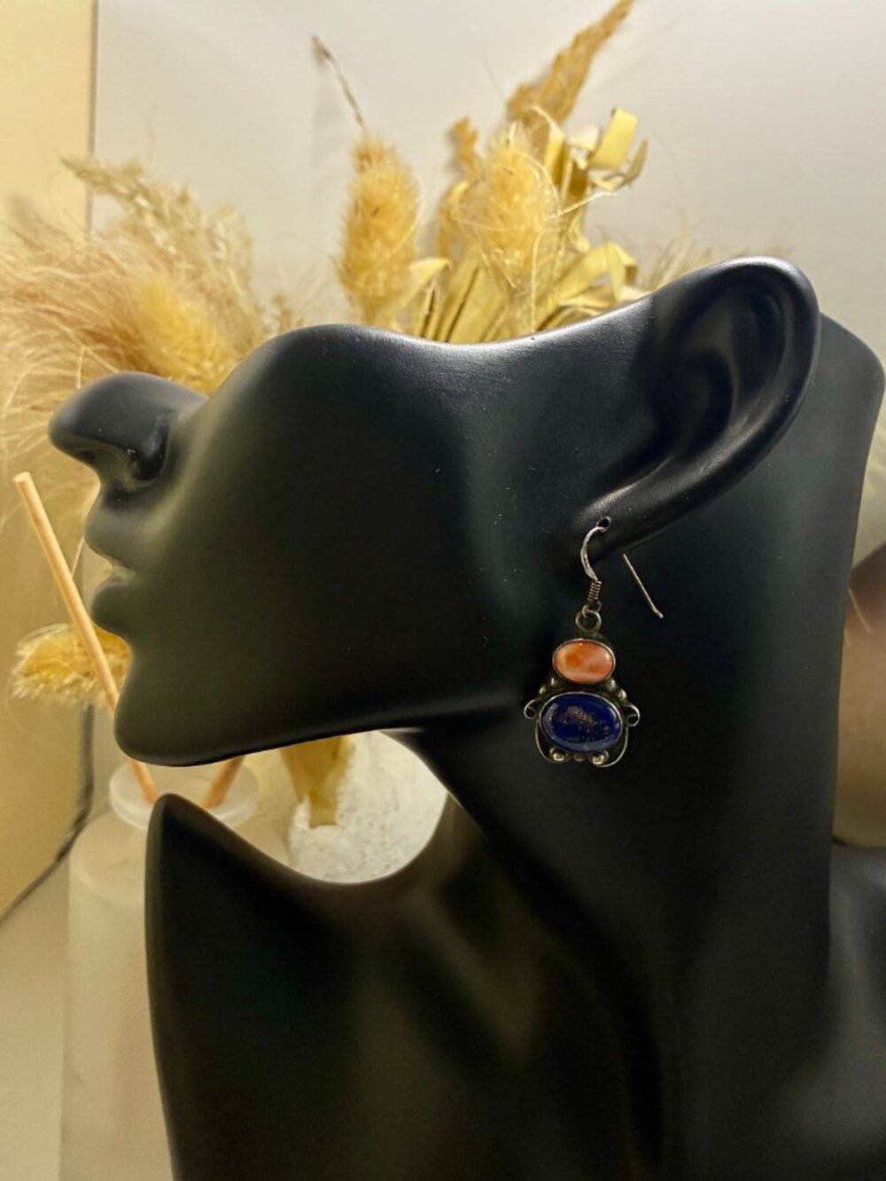 Vintage Southwestern Sterling Silver Lapis Lazuli Spiny Oyster Dangle Earrings